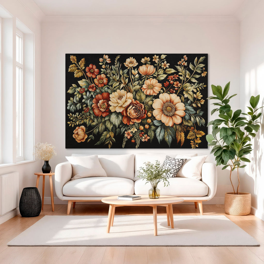 Framed Wall Art: Floral canvas print in warm tones (red, orange, gold) on black background. Adds elegance to any interior. Shop now!