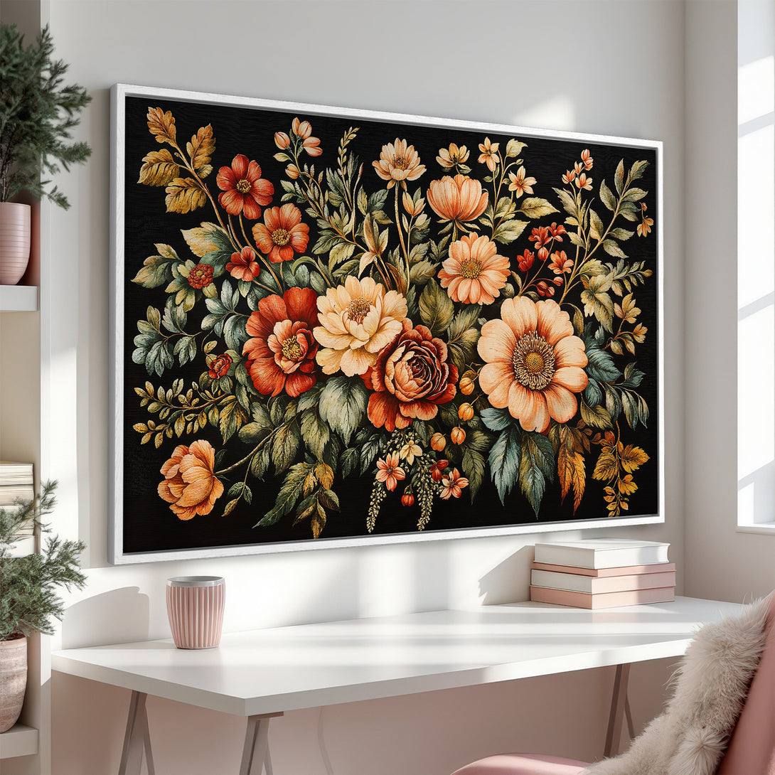 Framed Wall Art: Elegant floral Canvas Print with a black background, featuring warm orange and green tones. Perfect for adding a touch of sophistication.