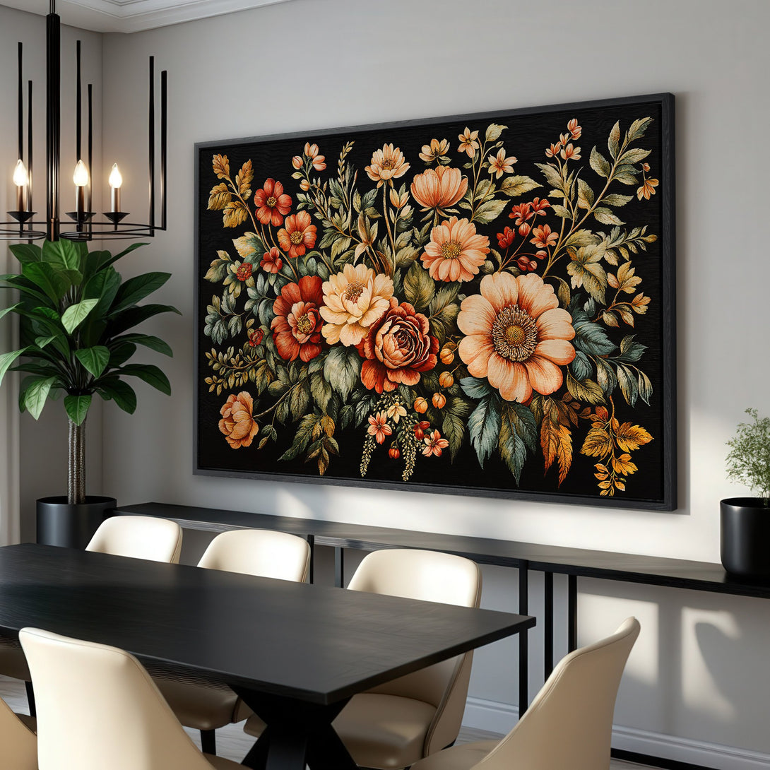 Framed Wall Art featuring a vibrant floral bouquet in warm tones against a black background. Perfect for adding a touch of elegance to your dining room!