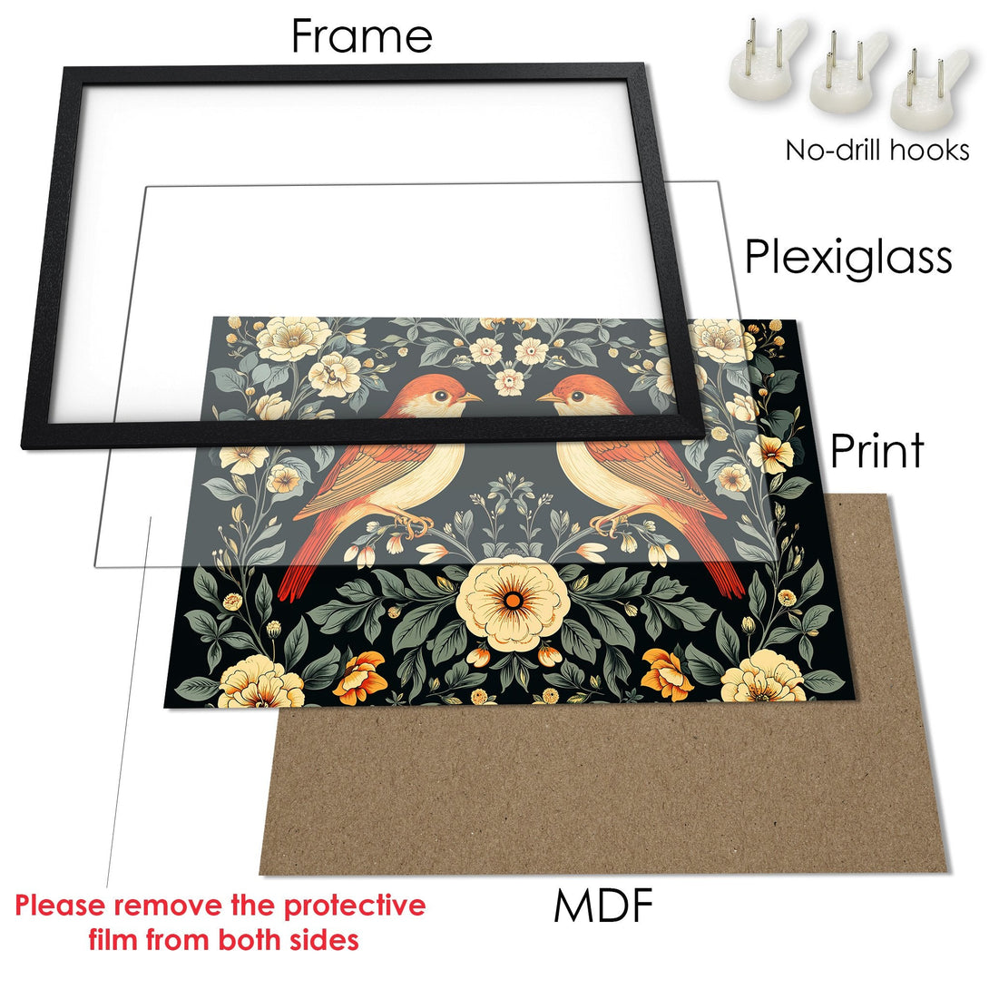 Framed Poster featuring birds and floral design in a vintage style with a dark, warm color palette. Perfect wall art!
