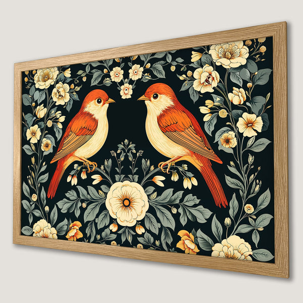 Framed Poster featuring birds & floral design in a vintage style with a warm color palette. Perfect wall art for your home!