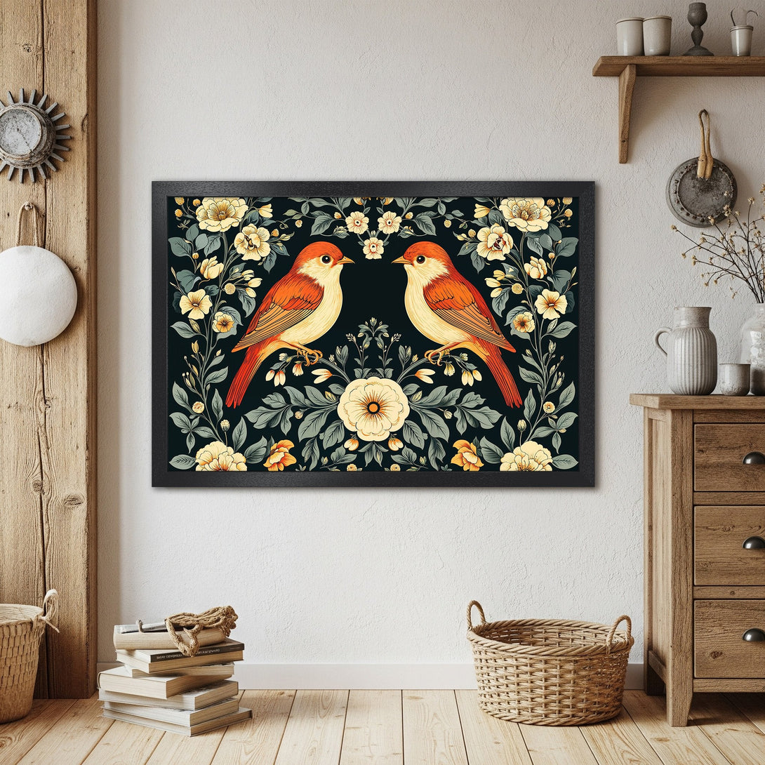 Framed Poster featuring birds and floral design. Vintage style with a dark green and yellow color palette. Perfect wall art.