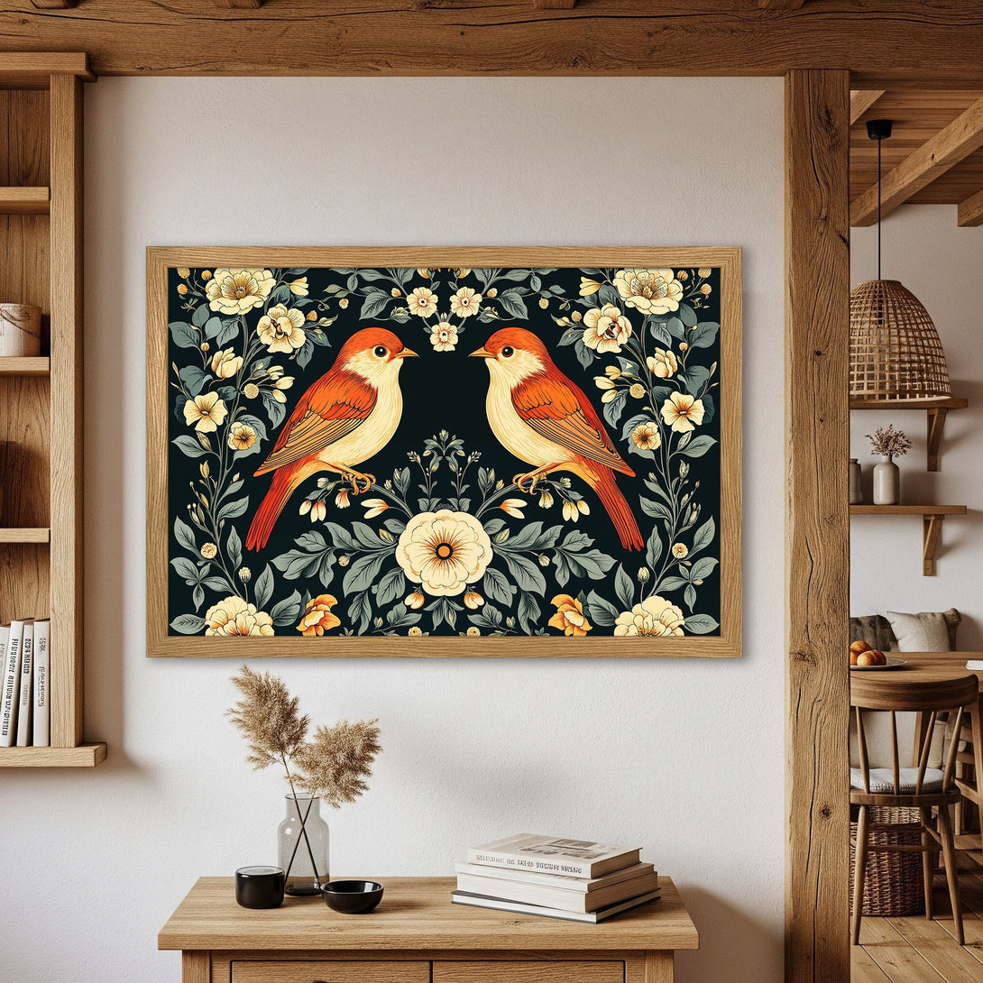 Framed Poster featuring birds and floral design, vintage style, warm orange, yellow, and green on a dark background.