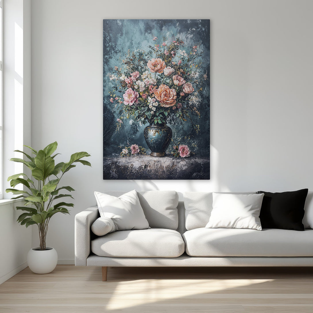 Framed Wall Art: Floral still life canvas print in teal, pink, and gold tones. Elegant artwork for bedroom decor.