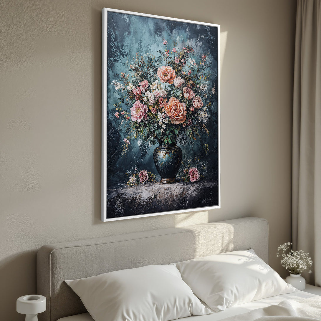 Framed Wall Art featuring a floral still life in a dark teal and pink color palette. Perfect for adding elegance to your bedroom decor.