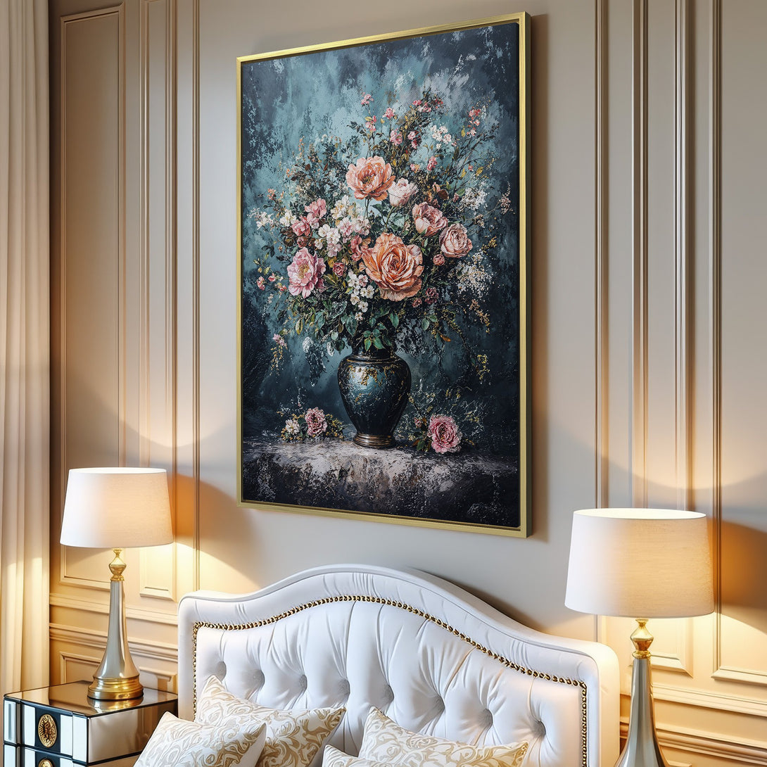 Canvas Print of a floral still life in a vase, with a vintage style and a teal and rose color palette. Perfect wall art!
