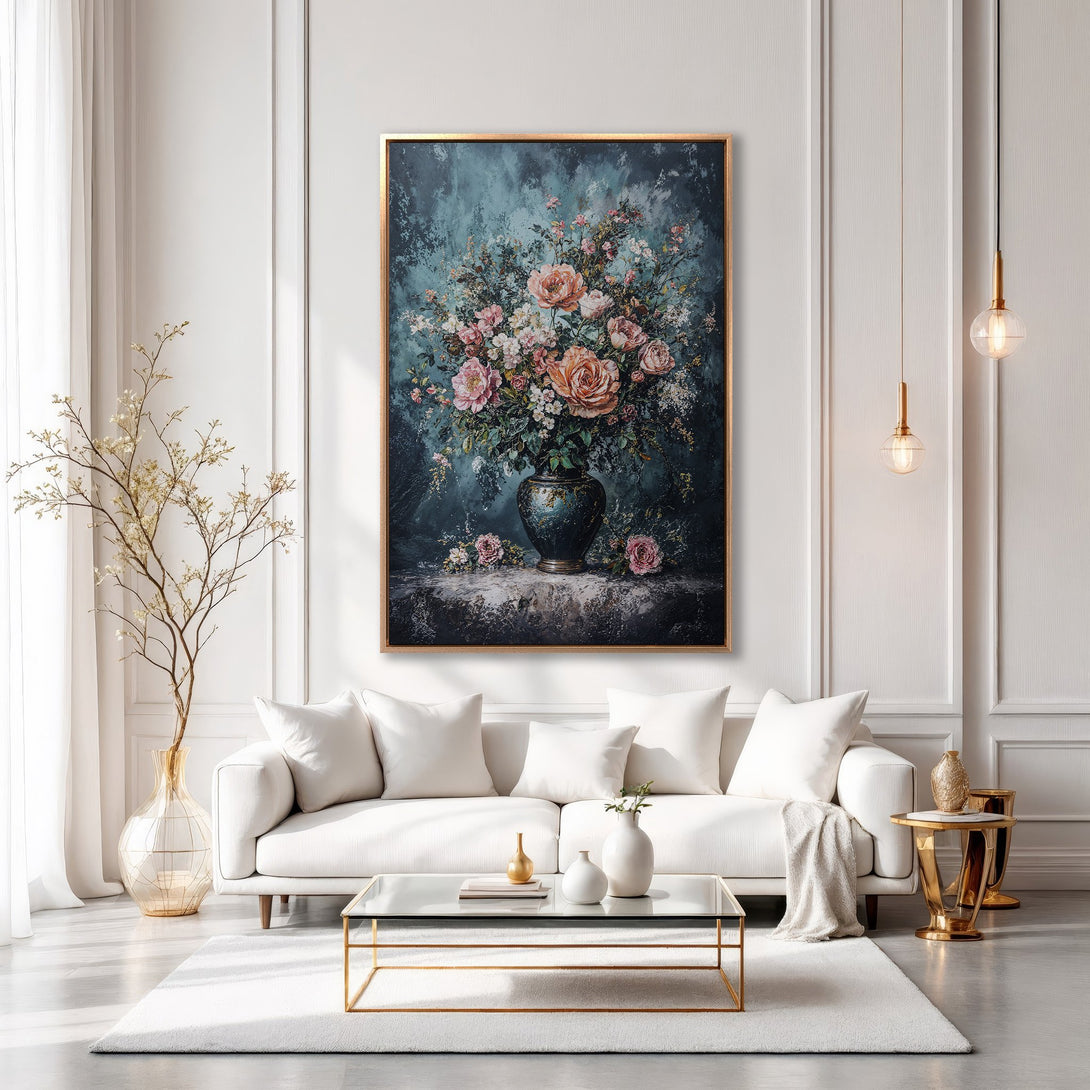 Framed Wall Art: Elegant floral still life Canvas Print in moody teal and blush tones, perfect for adding a touch of luxury to your home decor.