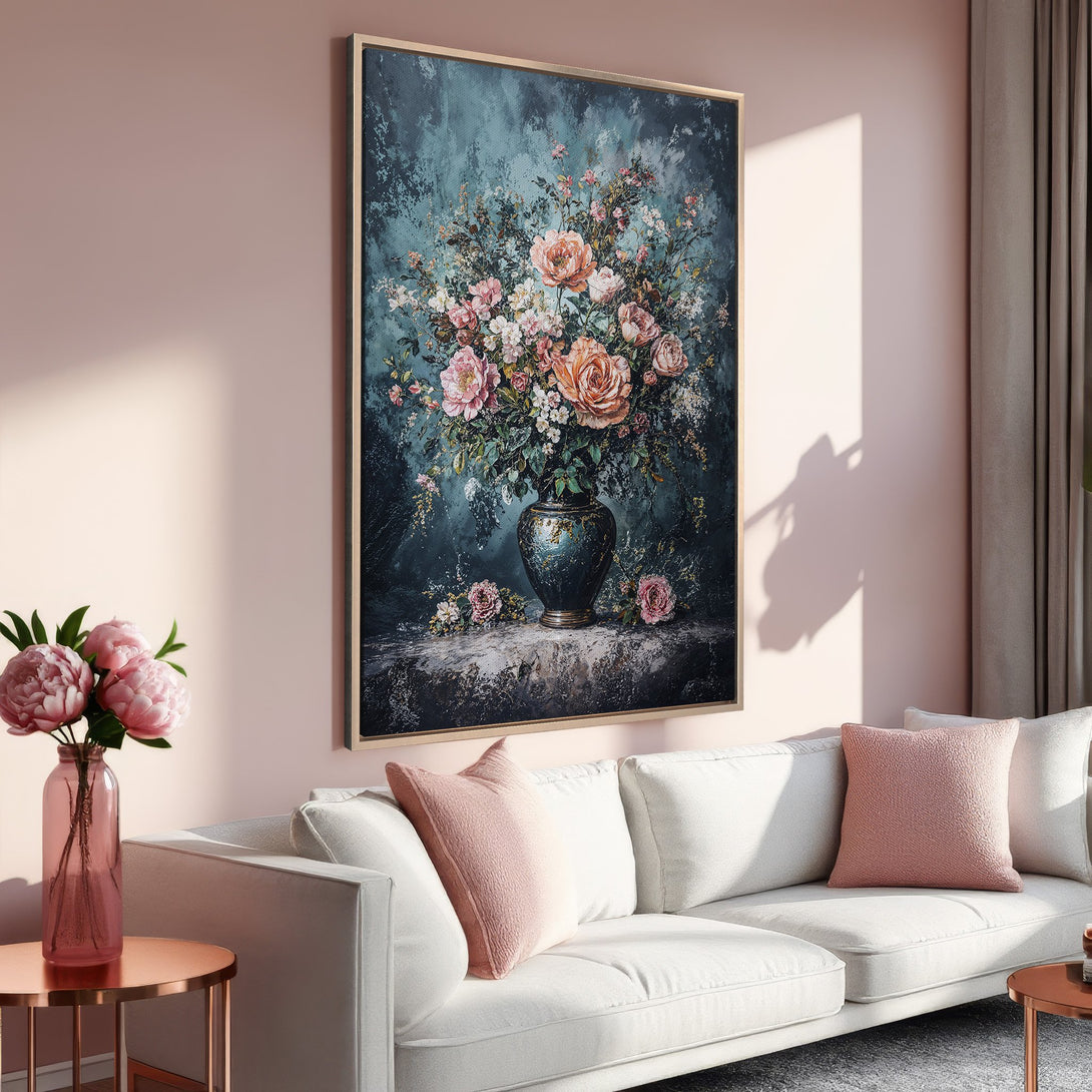 Framed Wall Art featuring a floral still life in a vintage style, with a teal and blush color palette. Perfect for adding elegance to your living room.