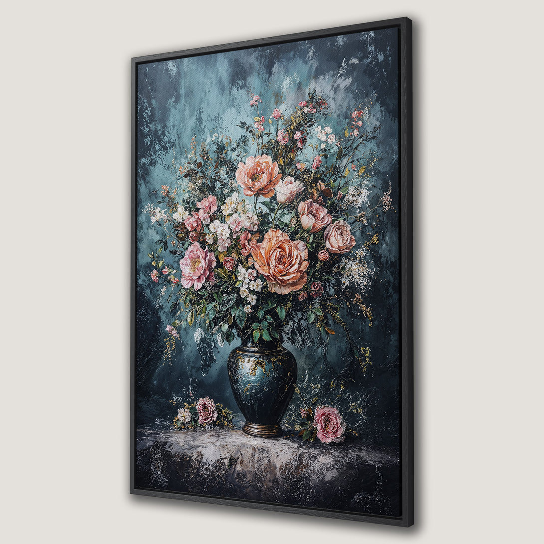 Framed Wall Art: Stunning floral still life Canvas Print in a moody teal and blush palette. Perfect for adding elegance to any space.