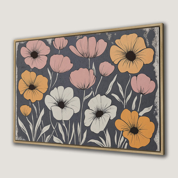 Canvas Print featuring stylized floral art in a retro style with a muted color palette of pink, orange, and gray. Perfect wall decor!
