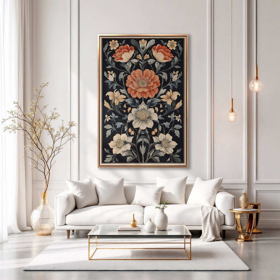 Framed Wall Art: Floral print in a modern interior. Features a dark background with orange, cream, and green botanical design. Perfect for adding elegance to your living space.