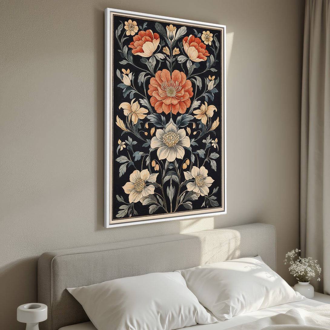 Framed Wall Art featuring a floral design in a vintage style. The color palette includes black, orange, and cream, adding a touch of elegance to any space.