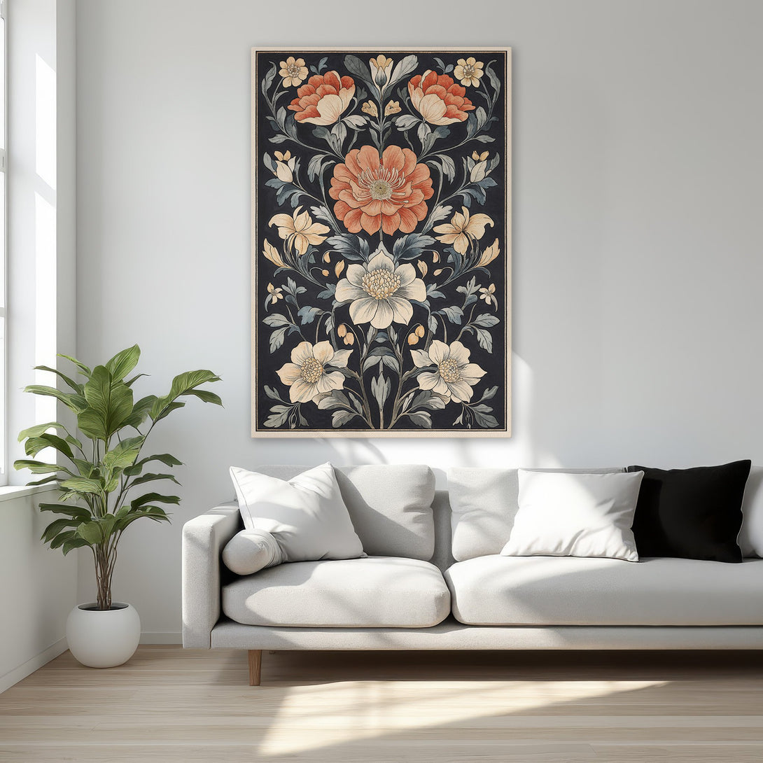 Framed Wall Art featuring a floral design in a classic style. The canvas print showcases a black background with orange and cream flowers, perfect for elegant decor.