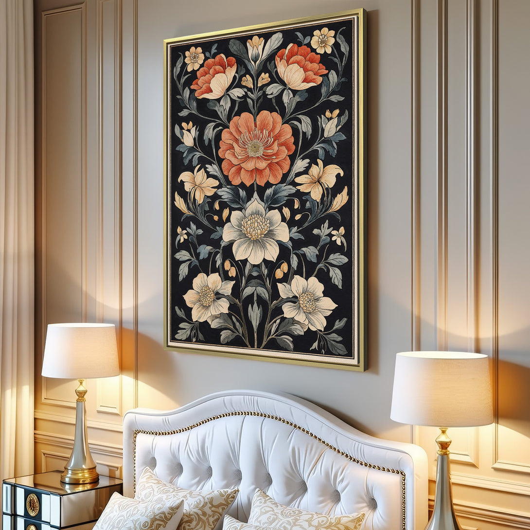 Framed Wall Art: Floral Canvas Print in a modern interior. Features a dark background with orange, cream, and green floral design. Perfect for adding elegance to your space.