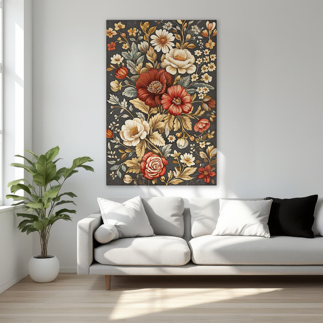 Framed Wall Art featuring a vibrant floral design in a classic style with a rich red, cream, and gold color palette. Perfect for adding elegance to any room.