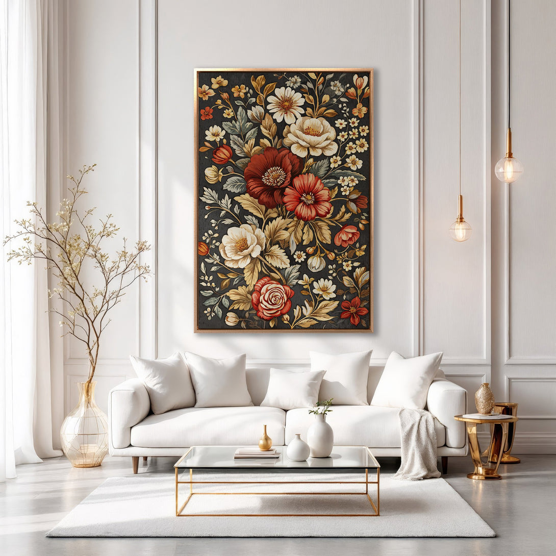 Framed Wall Art: Elegant floral print in rich reds, creams, and golds. Adds a touch of luxury to any living room. Shop our Canvas Print collection today!