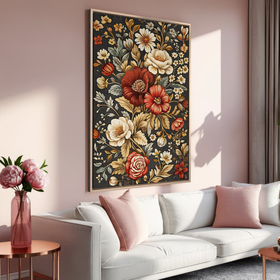 Framed Wall Art featuring a floral design with a dark background and a warm color palette of reds, yellows, and creams. Perfect for adding elegance!