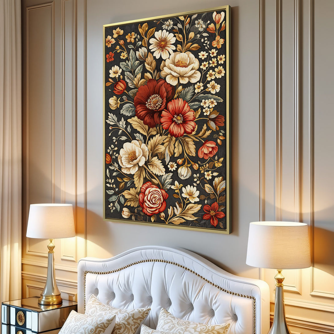 Canvas Print featuring a vintage floral design in red, cream, and gold tones against a dark background. Perfect wall art for a stylish home.