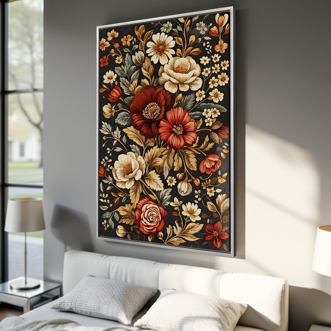 Framed Wall Art: Stunning floral canvas print in a vintage style with a rich color palette of red, gold, and black, perfect for adding elegance to any room.