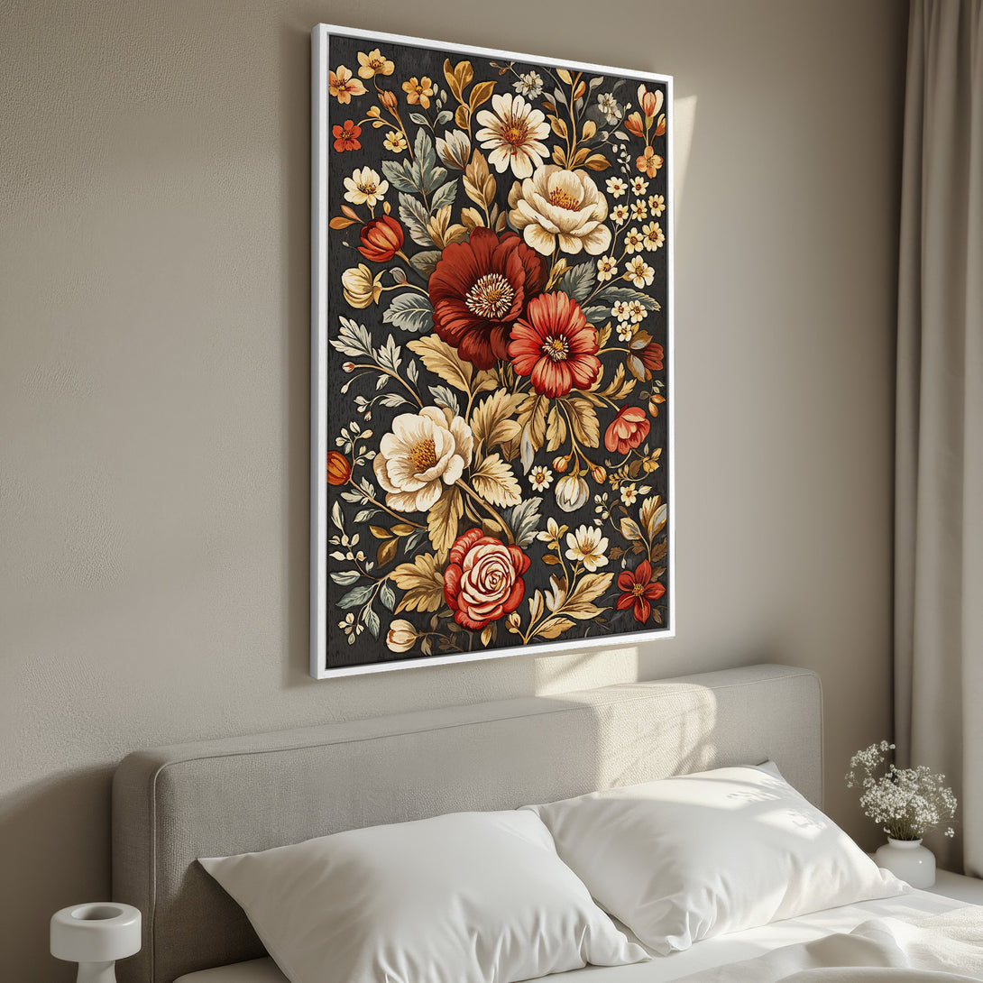 Framed Wall Art featuring a vibrant floral design in a vintage style. Rich reds, creams, and golds pop against a dark background, perfect for bedroom decor.
