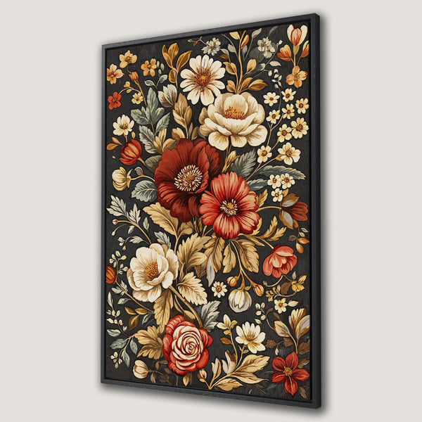 Framed Wall Art featuring a vintage floral print in rich reds, creams, and golds on a dark background. Perfect for adding elegance to any room.