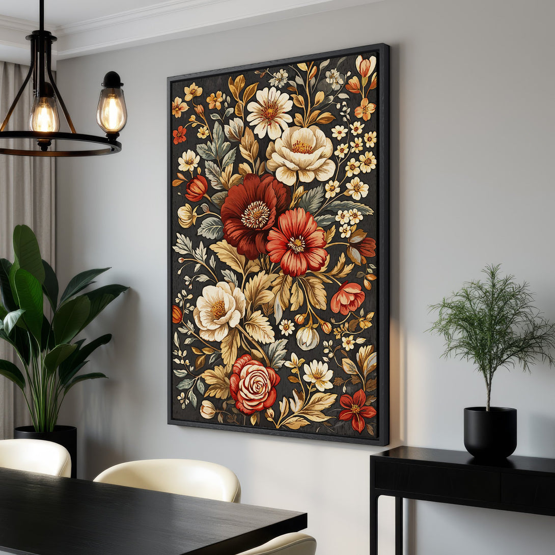 Framed Wall Art featuring a floral design with a dark background and a warm color palette. Perfect for adding a touch of elegance to any room.