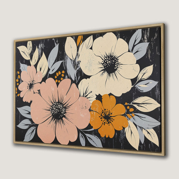 Framed Wall Art featuring a floral design in a modern, vintage style. The canvas print uses a black background with peach, orange, and cream color palette.