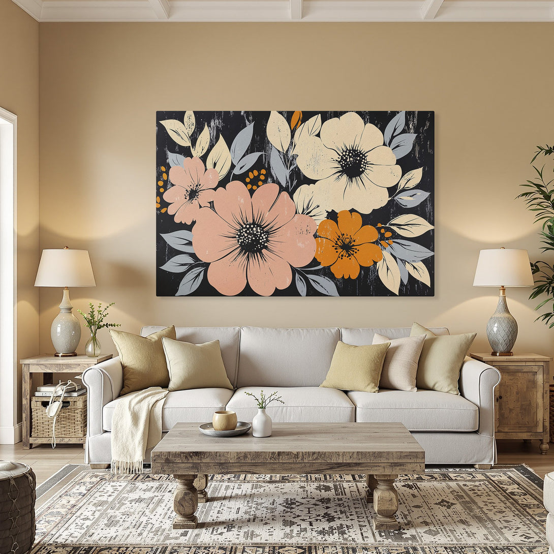Framed Wall Art: Modern floral Canvas Print in peachy, orange, and neutral tones. Adds a touch of elegance to your dining room decor. Shop now!