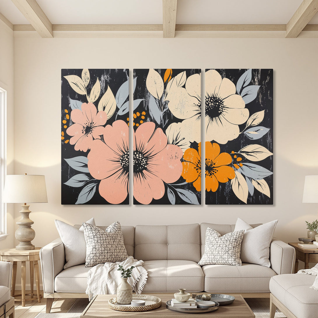 Canvas Print floral triptych in a modern style, featuring peach, orange, and cream flowers against a black background. Adds warmth to any room.