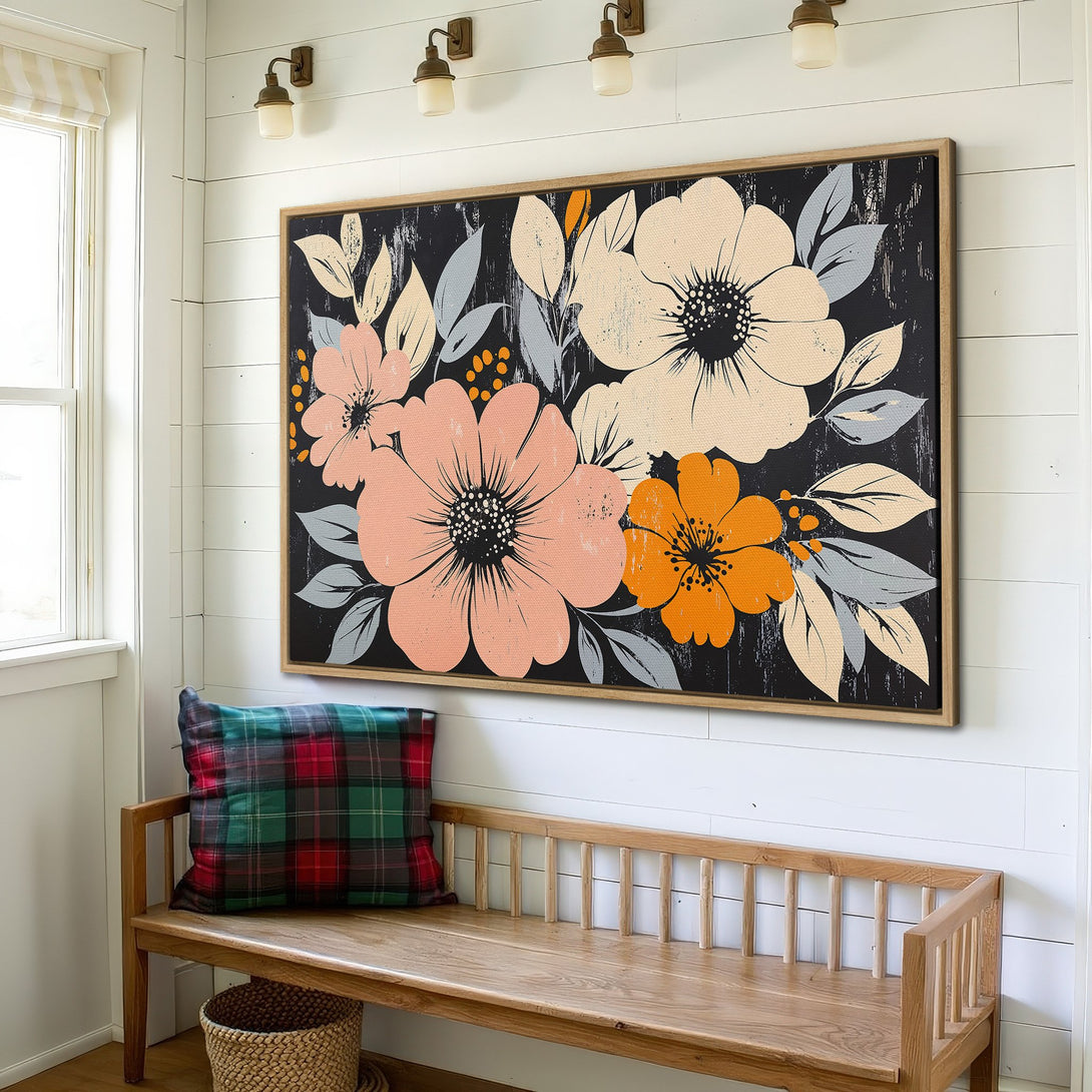 Framed Wall Art: Floral canvas print with a modern farmhouse style. Features a black background with peach, orange, and gray flowers. Perfect for home decor.