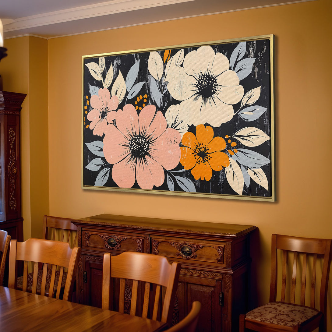 Canvas Print of floral art in a modern style, featuring peach, orange, and cream flowers on a black background, perfect for home decor.