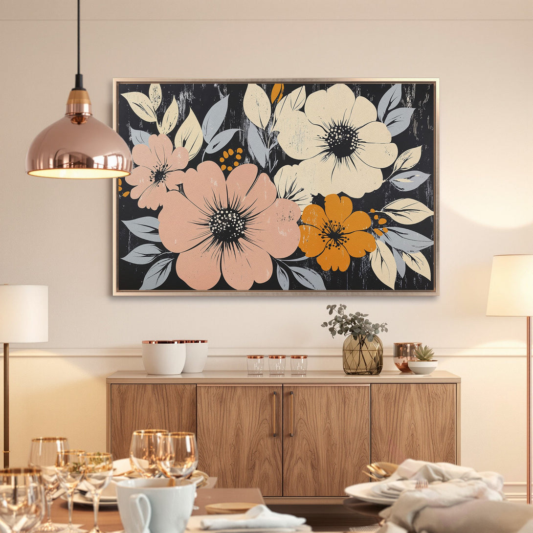Framed Wall Art: Floral canvas print in a modern style, featuring a black background with peach, cream, and orange flowers. Perfect for home decor.