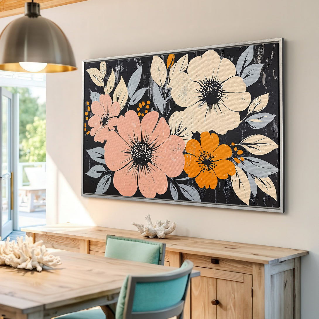 Framed Wall Art: Abstract floral Canvas Print with a modern, bohemian style. Features a black background with peach, orange, and cream flowers.