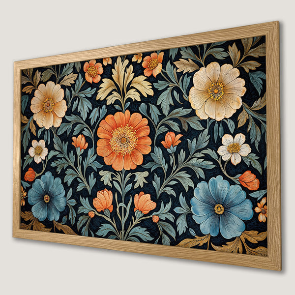 Framed Poster featuring floral design in a vintage style with a dark blue, orange, and teal color palette. Perfect wall art!