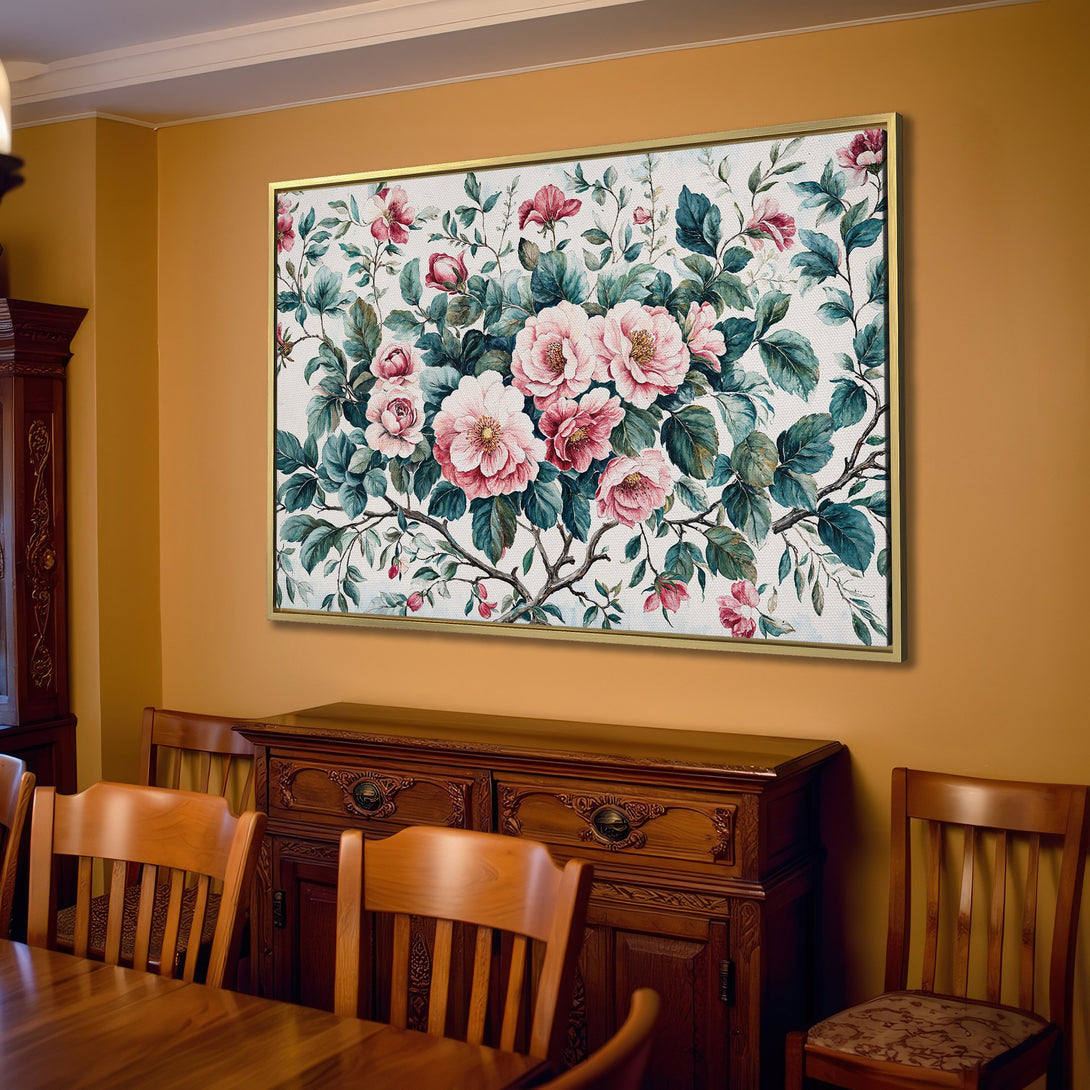 Canvas Print featuring a floral watercolor design in pink and green hues, adding a touch of elegance to any living room.