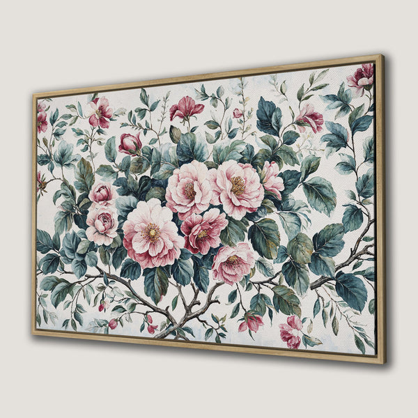 Framed Wall Art featuring a watercolor floral design with roses in pink and green hues. Perfect for adding a touch of elegance to your home decor.