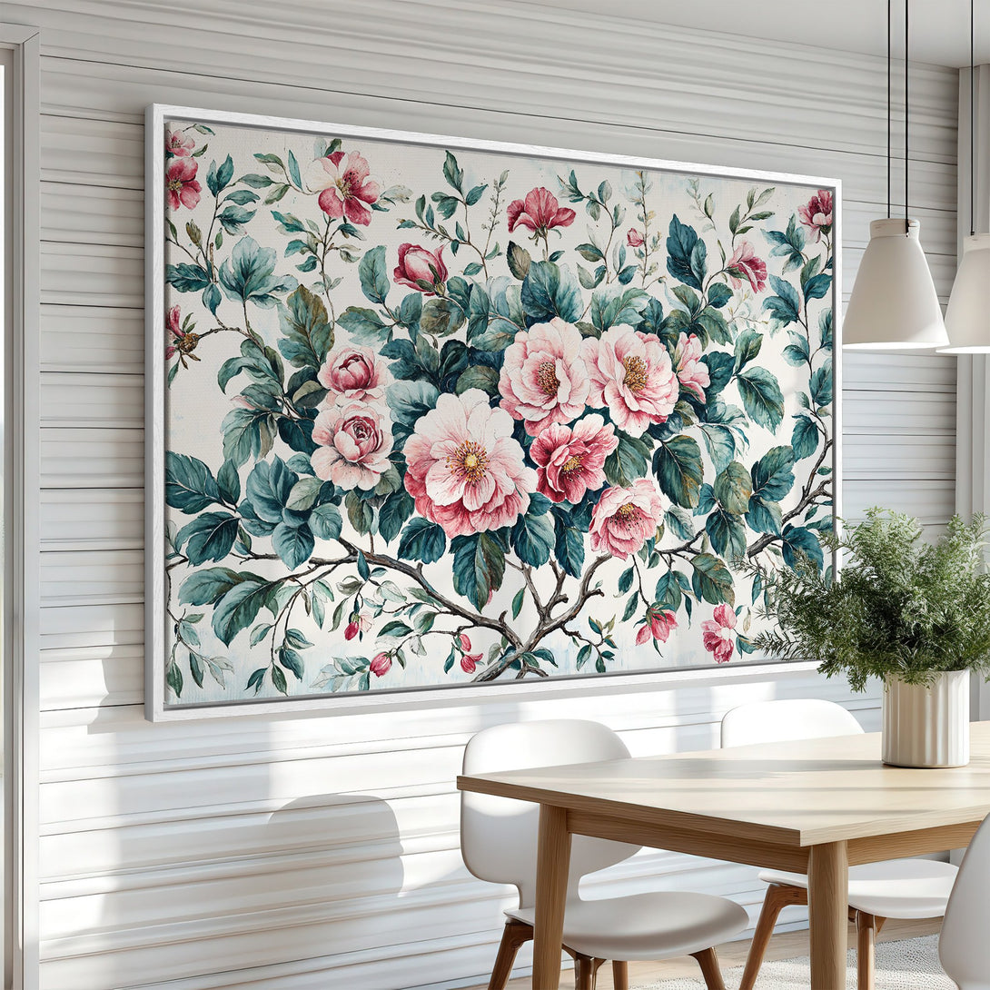 Framed Wall Art: Floral Canvas Print in a dining room. Watercolor style with pink roses, green leaves, and a neutral color palette. Perfect for home decor.
