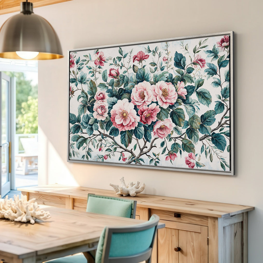 Framed Wall Art featuring a floral watercolor design in pink and teal. Elegant Canvas Print adds a touch of nature and sophistication to any room.