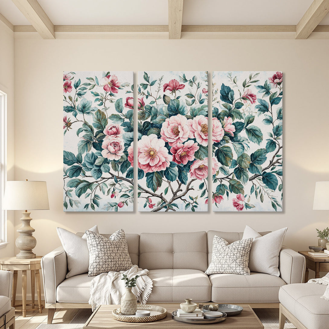 Canvas Print of floral artwork with pink roses and teal leaves, displayed in a cozy living room. Watercolor style, soft color palette.