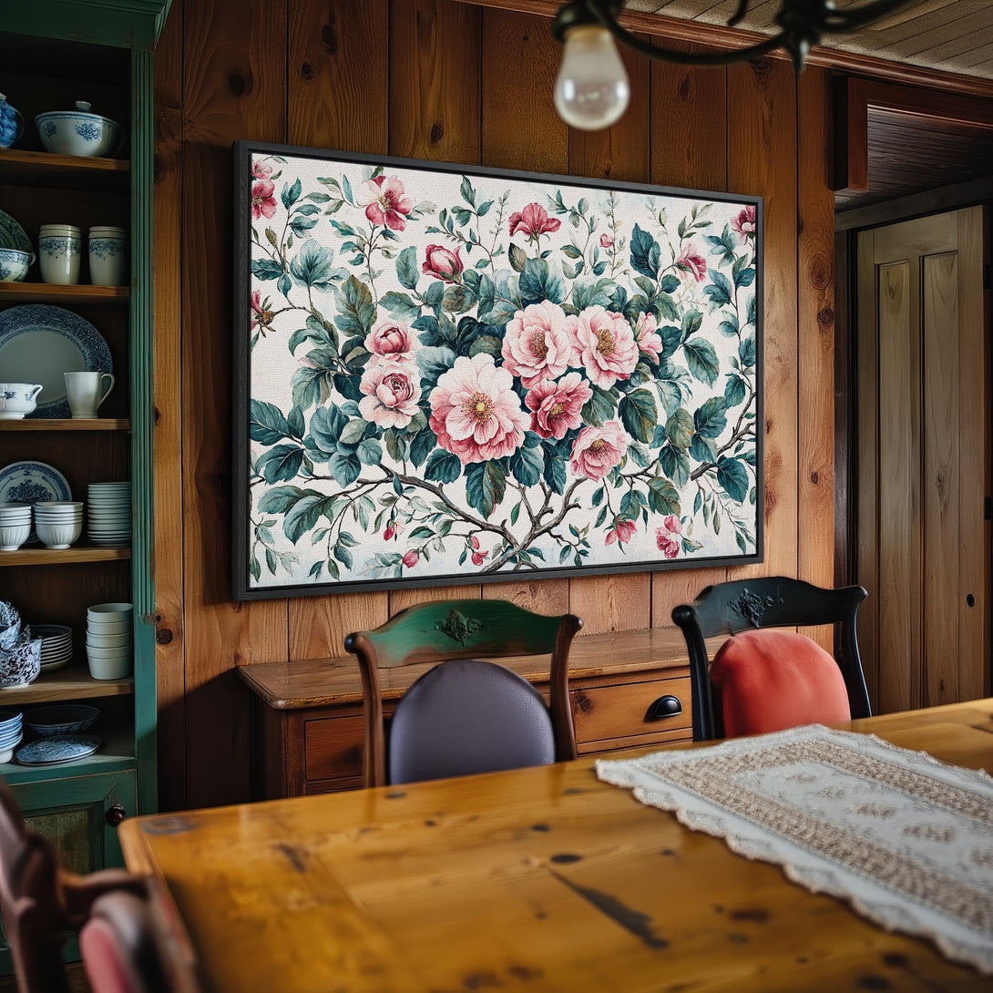 Framed Wall Art: Watercolor floral canvas print in a dining room. Features pink roses, teal leaves, and a soft, elegant color palette. Perfect home decor!