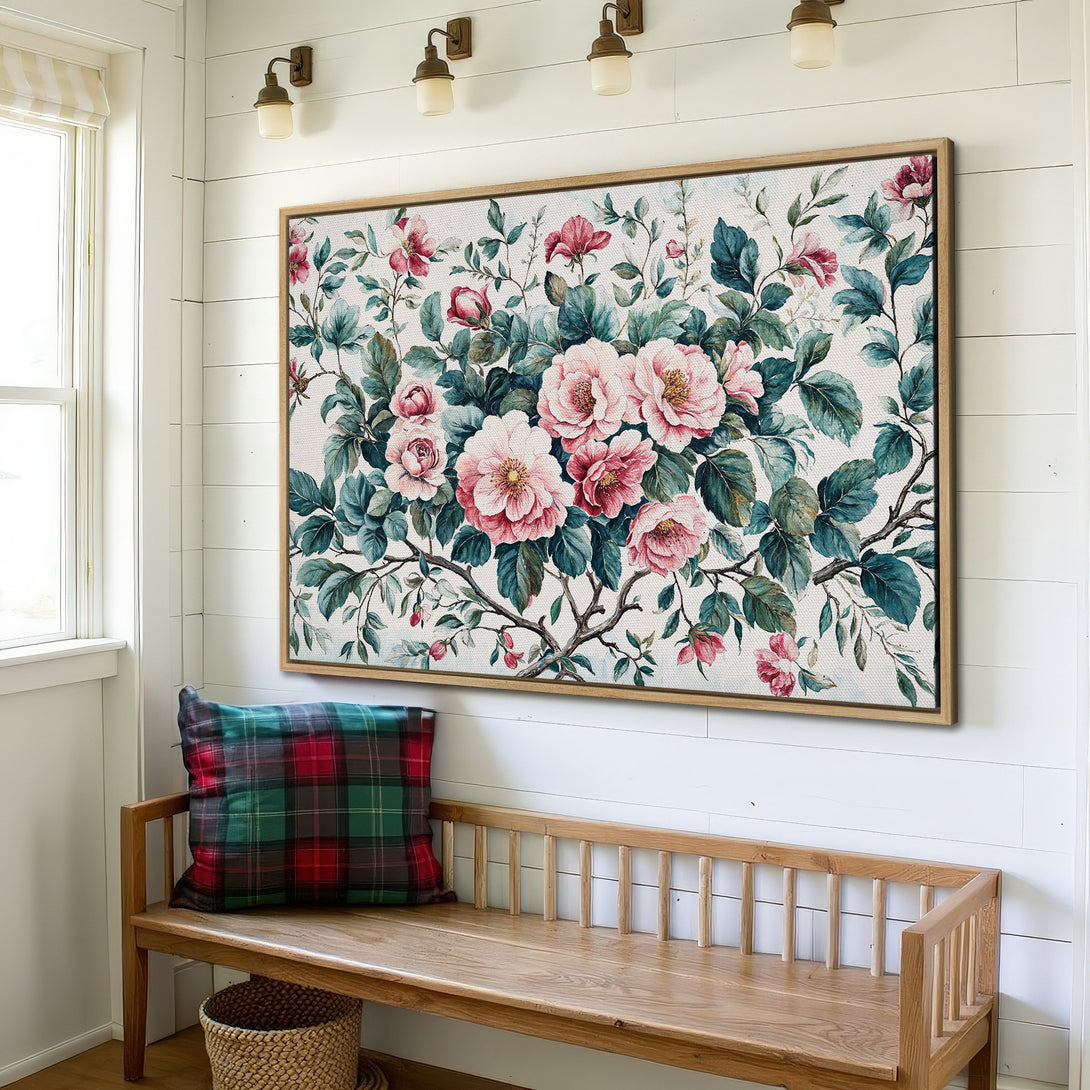 Framed Wall Art: Watercolor floral print in pink, green, and teal. Beautiful botanical art for home decor. Adds a touch of elegance.