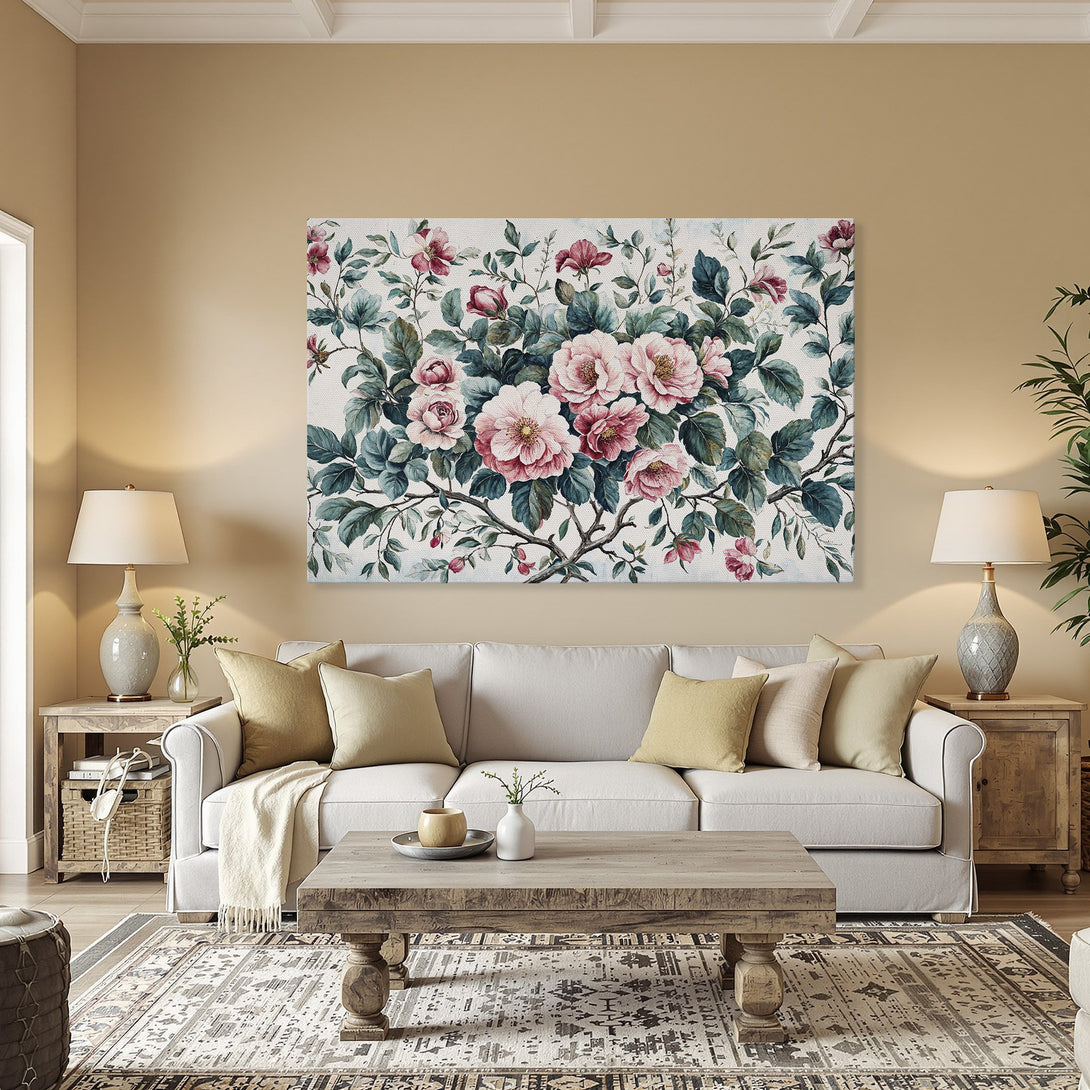 Framed Wall Art: Floral print canvas featuring pink roses and green foliage. A classic, elegant style with a warm color palette. Perfect for home decor.