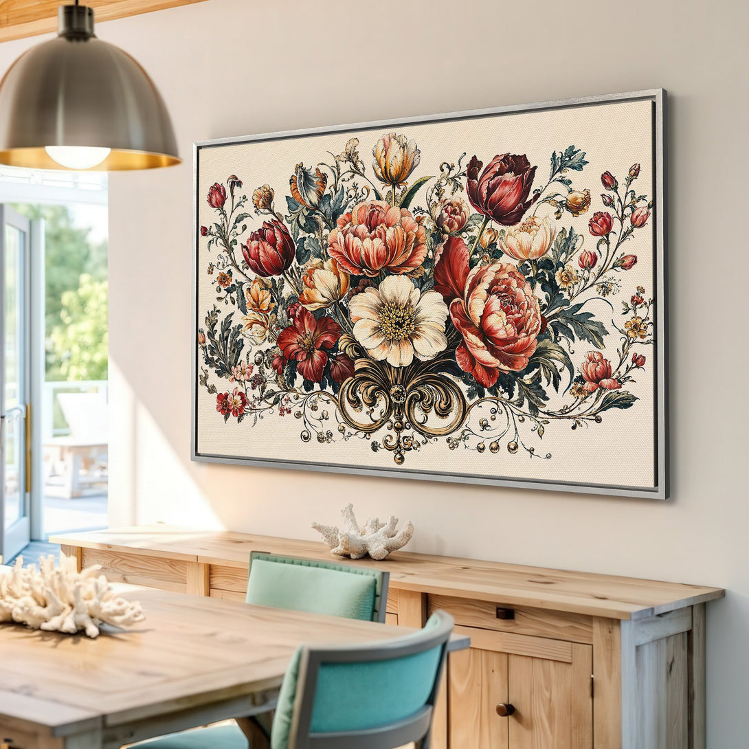 Framed Wall Art featuring a vintage floral bouquet in warm reds, oranges, and creams. Perfect for adding a touch of elegance to any room.