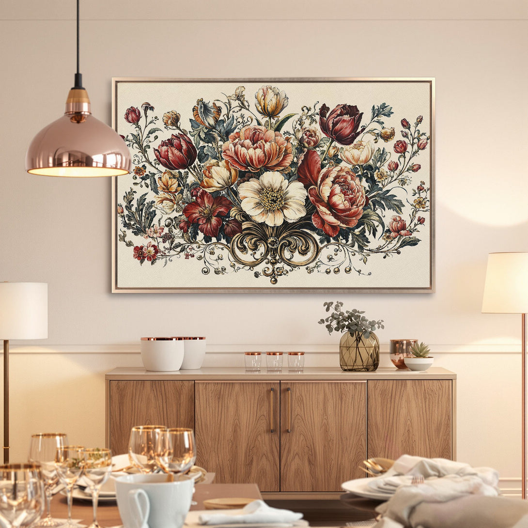 Framed Wall Art: Elegant floral Canvas Print in warm tones. Perfect for adding a touch of vintage charm to your dining room or living space.