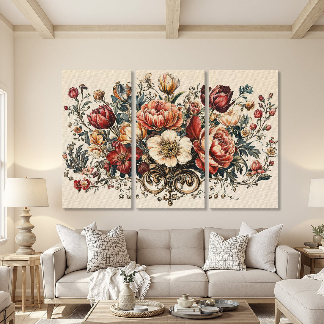 Canvas Print of a floral arrangement in a vintage style with a warm, inviting color palette. Perfect for living room decor.