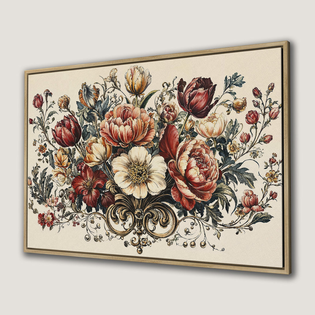 Framed Wall Art featuring a vintage floral arrangement in rich reds, oranges, and creams. Perfect for adding a touch of elegance to any room.