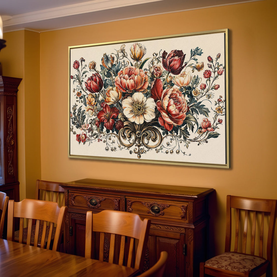 Canvas Print of a vibrant floral bouquet in a vintage style, featuring warm red, peach, and cream tones. Perfect for living room decor.