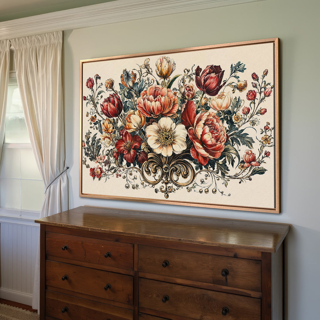 Framed Wall Art: Vintage floral Canvas Print with a classic style. Features a warm color palette of reds, oranges, and creams, perfect for adding elegance to any room.