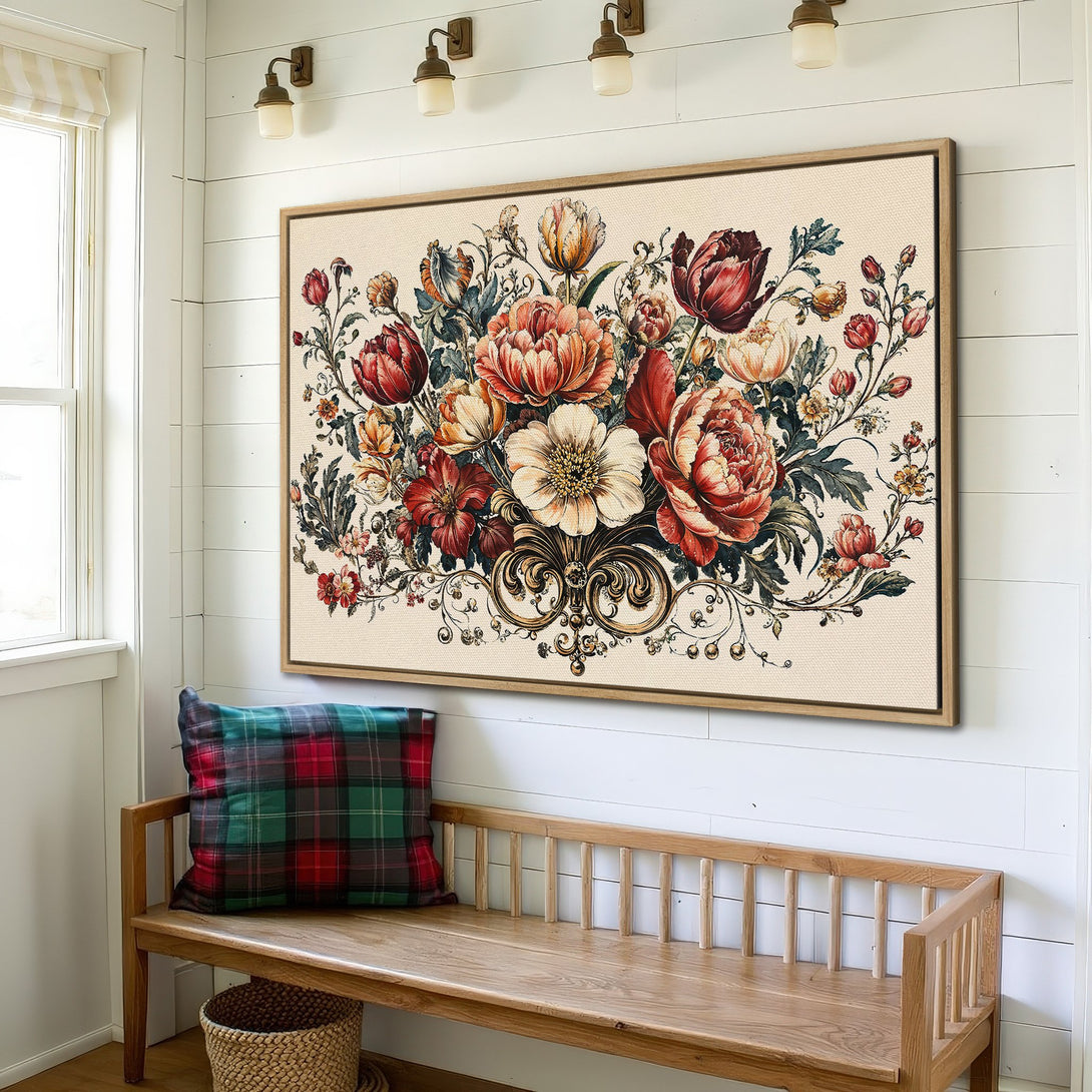 Framed Wall Art: Vintage floral canvas print in a warm, inviting interior. Features a rich, romantic color palette of reds, creams, and greens.
