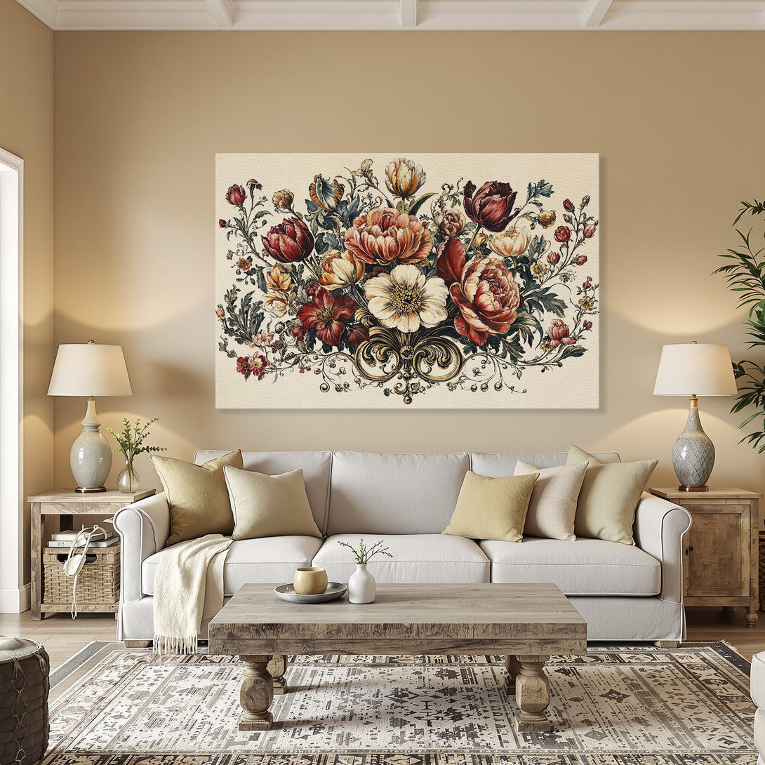Framed Wall Art: Elegant floral Canvas Print in warm tones. Perfect for adding vintage charm to your dining room or living space.